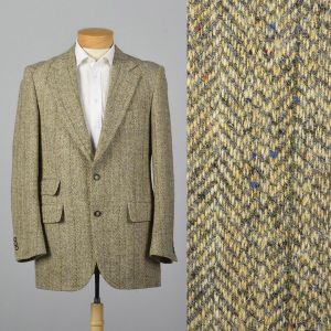 Large 41L 1970s Tweed Suit Jacket Convertible Pocket Wide Lapels Single Vent Tan Gray 