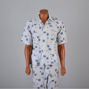 Large 1950s Mens Pajamas Geometric Print Short Sleeve Summer Sleepwear - Fashionconstellate.com