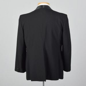 Large 42S 1970s Mens Tuxedo Jacket Black Single Button Convertible Pockets Satin Peak Lapels Formal  - Fashionconstellate.com