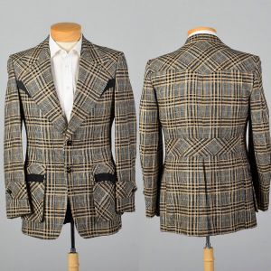 Medium 38L 1970s Mens Suede Trim Blazer Plaid Tweed Jacket 