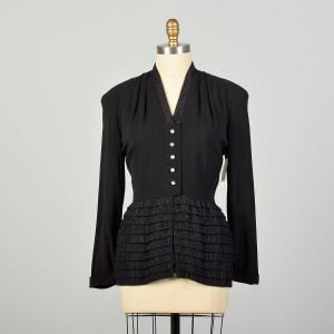 Medium 1940s Black Wasp Waist Rayon Jacket Ruffle Embellished Peplum