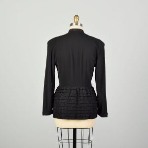 Medium 1940s Black Wasp Waist Rayon Jacket Ruffle Embellished Peplum - Fashionconstellate.com