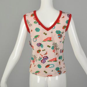 Small 1970s Hawaiian Theme Tank Top Sleeveless Ribbed Knit Novelty Print V Neck - Fashionconstellate.com