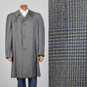 Large 1960s Mens Plaid Overcoat Pockets Gray Black Single Vent Medium Weight 