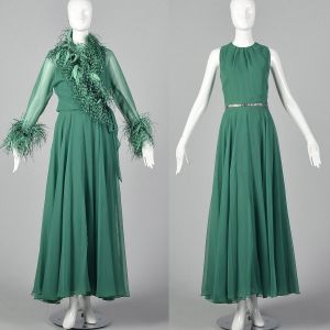 Medium 1970s Adele Simpson Elizabeth Arden Green Maxi Dress Feather Trim Sheer Wrap Jacket