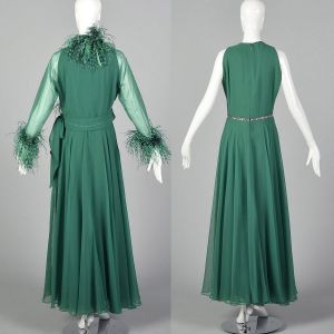 Medium 1970s Adele Simpson Elizabeth Arden Green Maxi Dress Feather Trim Sheer Wrap Jacket - Fashionconstellate.com