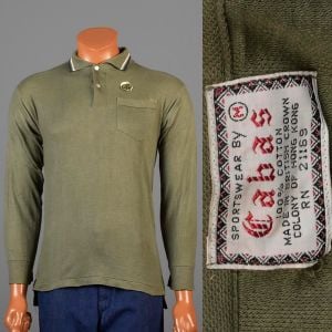 Medium 1950s Olive Polo Shirt Deadstock Knit Long Sleeve