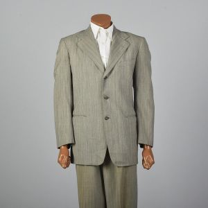 Small 1950s Suit Gray Striped Wide Lapel Blazer Jacket Dropped Belt Loops Pants
