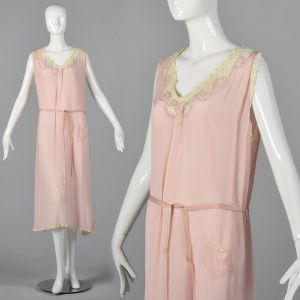 XL 1920s Pink Silk Nightgown Long Drop Waist Lingerie Lace Trim Sleepwear 