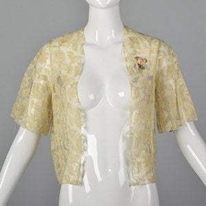 Small 1990s Ivory White Lace Top Embroidered Floral Applique Cropped Bolero Jacket  