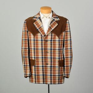 Large 1970s Blazer Brown Plaid Suede Yoke Western Sport Coat