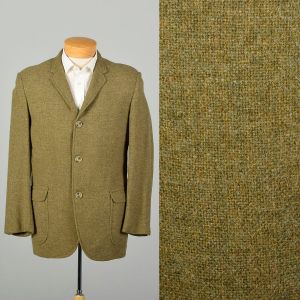 Large 1950s Olive Green Tweed Wool Sport Coat 3 Buttons Single Vent Notched Collar