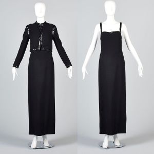 Small 1970s Dress Set Black Maxi Gown Sequin Trim Matching Cropped Jacket Estevez