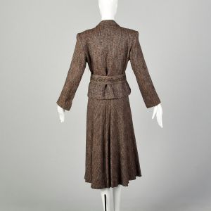 XS 1990s Set Midi Skirt Brown Tweed Jacket Belted - Fashionconstellate.com