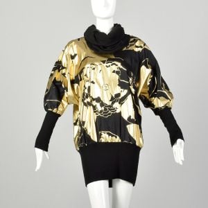 Medium 1990s Tunic Black Metallic Gold Silkscreen Print Oversized Cocoon Dress