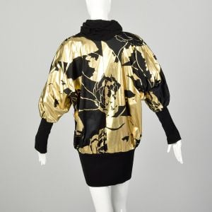 Medium 1990s Tunic Black Metallic Gold Silkscreen Print Oversized Cocoon Dress - Fashionconstellate.com