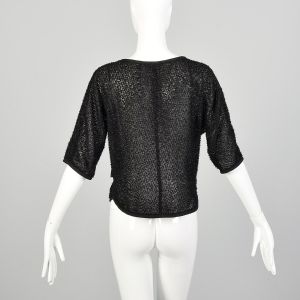 Medium 1980s Shirt Black Elbow Sleeve Semi Sheer Eyelash Lurex - Fashionconstellate.com