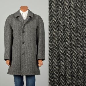 Large 1980s Car Coat Grey Tweed Wool Herringbone Winter Outerwear