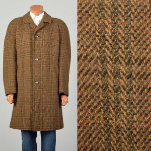 XL 1970s Jacket Brown Wool Plaid Tweed Winter Car Coat