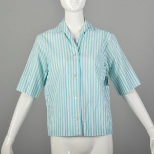 Medium 1950s Stripe Cotton Shirt Casual Short Sleeve Summer Top