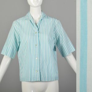 Medium 1950s Stripe Cotton Shirt Casual Short Sleeve Summer Top - Fashionconstellate.com