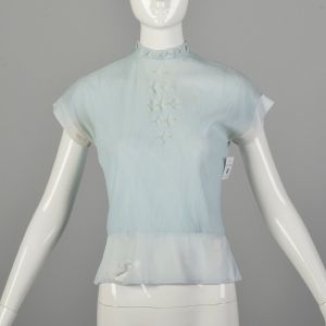 Small 1950s Powder Blue Micro Pleat Blouse Pearl Embellishment