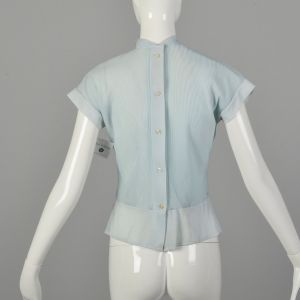 Small 1950s Powder Blue Micro Pleat Blouse Pearl Embellishment - Fashionconstellate.com