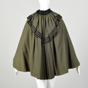 OSFM 1900s Green Wool Victorian Cape Full Layered Satin RibbonTrimmed - Fashionconstellate.com