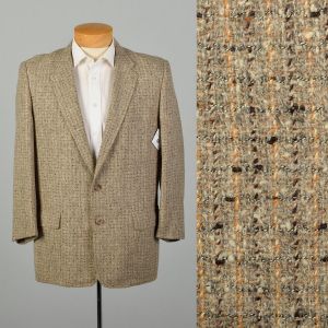 43R 1950s Wool Tweed Jacket 3 Button Tan Black Atomic Tweed 