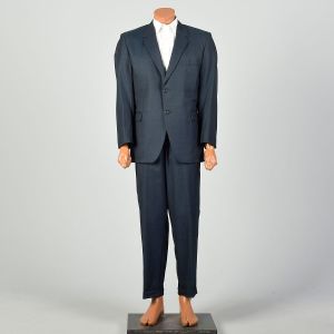 44L 1960s 2pc Suit Blue Herringbone 2 Button Slim Lapel Flat Front Pants Richman Brothers - Fashionconstellate.com