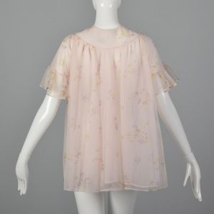 XS 1950s Bed Jacket Vintage Lingerie Sissy Babydoll Pink Nylon Chiffon Short Sleeve Lightweight - Fashionconstellate.com