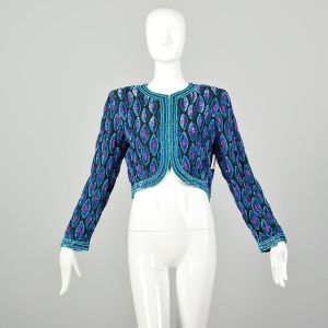 Small 1990s Bolero Jacket Colorful Silk Sequin Evening Cocktail Party