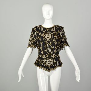 Medium 1990s Black Gold Silver Evening Blouse Beaded Cocktail Party Top