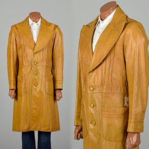 Medium 1970s Trench Coat Mustard Leather Huge Lapels Overcoat
