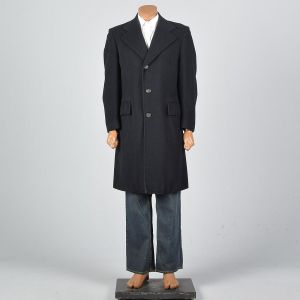 Medium 1960s Mens Black Coat Cashmere Wool Convertible Pockets Wide Lapels Single Vent - Fashionconstellate.com