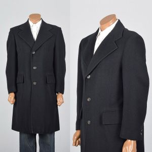 Medium 1960s Mens Black Coat Cashmere Wool Convertible Pockets Wide Lapels Single Vent