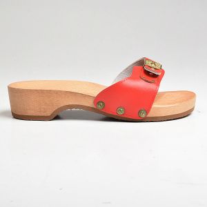 Size 7 1970s Dr. Scholl's Exercise Sandals Red Leather Wooden Sole Deadstock - Fashionconstellate.com