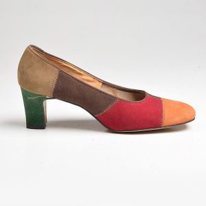 Sz 8 1960s Patchwork Mod Colorblock Leather Suede Heels