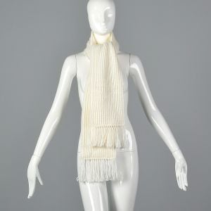 Ivory White Scarf 1980s Winter Thick Ribbed Knit with Fringe