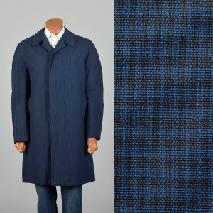 Large 1960s Raincoat Blue Black Houndstooth Overcoat Removable Lining