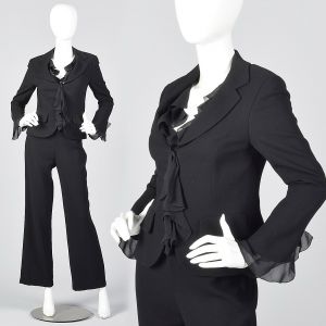 XS Escada Couture Black Wool Crepe Pant Suit Silk Chiffon Blazer Jacket Flare Pant Leg
