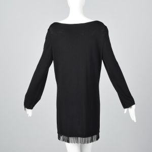 Medium 1990s Valentino Studio Black Knit Tunic Beaded Fringe Trim Wool Top - Fashionconstellate.com
