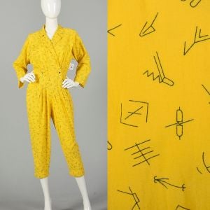 Small Yellow Jumpsuit 1980s Bold Novelty Print Bright Cotton Capri 