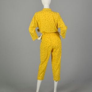 Small Yellow Jumpsuit 1980s Bold Novelty Print Bright Cotton Capri  - Fashionconstellate.com