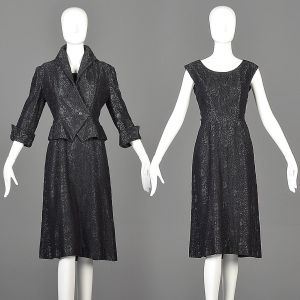 Small 1950s Dress Set Black Lace Blazer Peplum Jacket Knee-Length A-Line Skirt