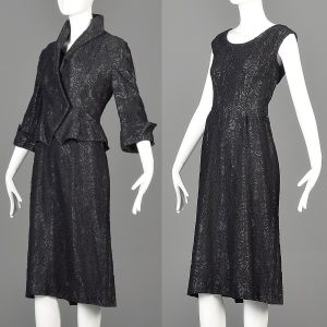 Small 1950s Dress Set Black Lace Blazer Peplum Jacket Knee-Length A-Line Skirt - Fashionconstellate.com