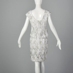 XS 1960s Two Piece Beaded Dress Set White Beaded Top and Pencil Skirt Wedding Dress Set - Fashionconstellate.com