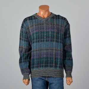 XL-XXXL Mens Gray Sweater 1980s Purple Green and Blue Plaid Pullover Knit Jumper