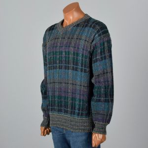 XL-XXXL Mens Gray Sweater 1980s Purple Green and Blue Plaid Pullover Knit Jumper - Fashionconstellate.com