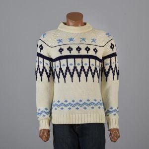 Medium 1960s Sweater Cream Blue Scandinavian Fair Isle Print Ribbed Knit Pullover 